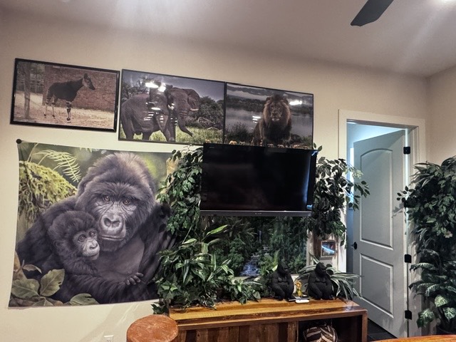 Television and gorilla artwork in the African Rainforest Room