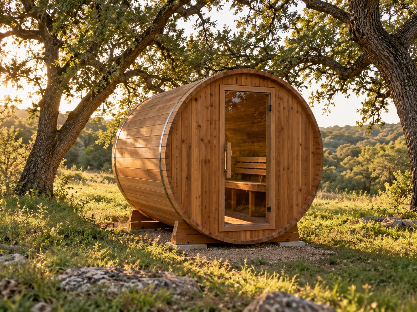 AI illustration of a cedar barrel sauna beneath oak trees
