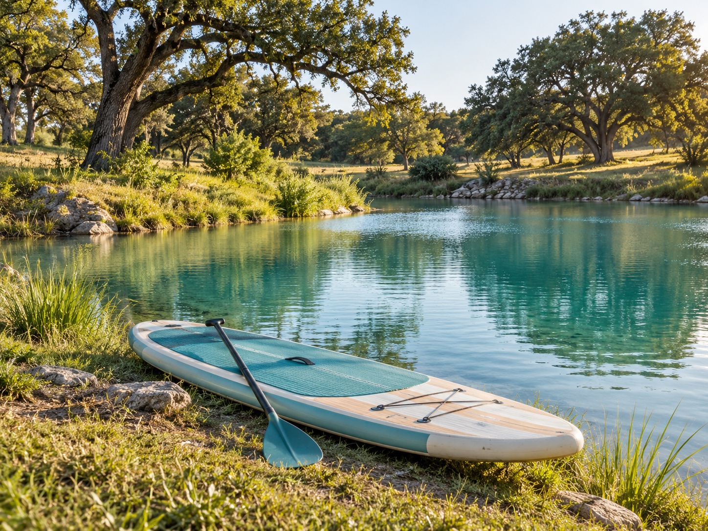 AI illustration of a paddle board and paddle beside a tree-lined pond